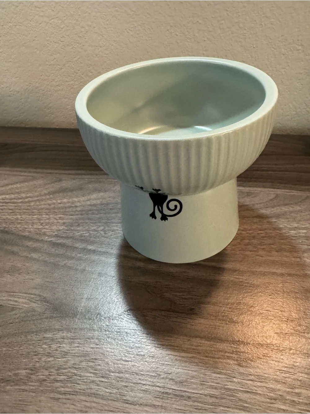 Ceramic Pedestal Bowl with Black Cat Motif - Light Sage Green